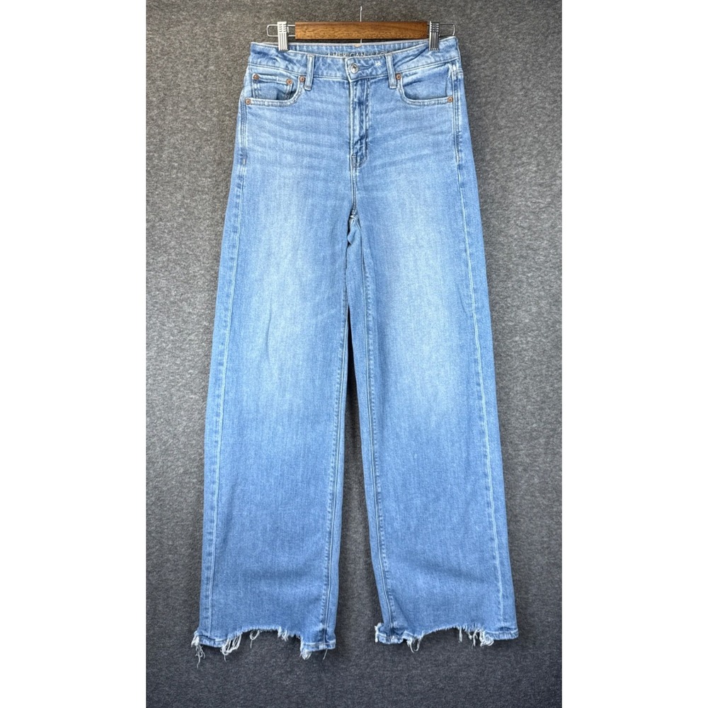 American Eagle Super High Rise Baggy Wide Leg Jeans Women 2L Blue Frayed Stretch
